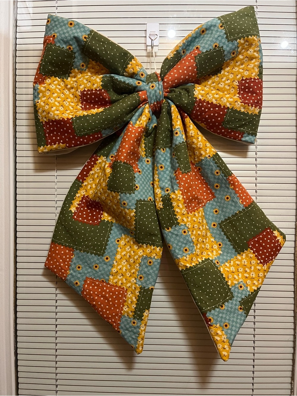 Patchwork Sunflower Fabric Bow Wreath Accent - Green & Yellow